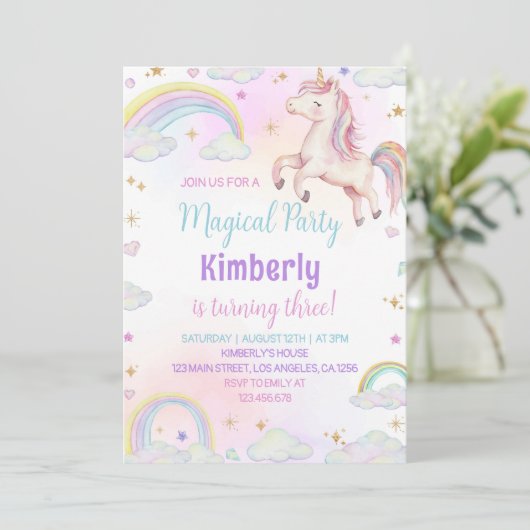 Unicorn Pastel Rainbow Invitation d'anniversaire (Debout devant)