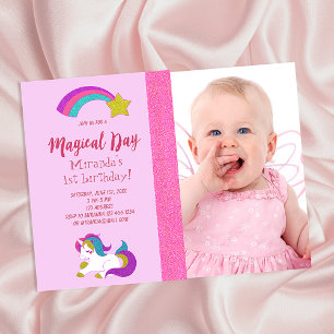 Unicorn photo 1st birthday girl party invitation
