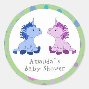 Unicorn Pink Blue Twin Baby shower Ronde Sticker