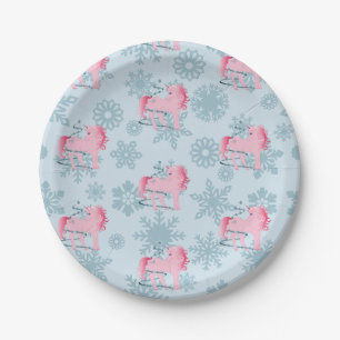 Unicorn Pink Cute Girl Whimsical Snowflakes Papieren Bordje