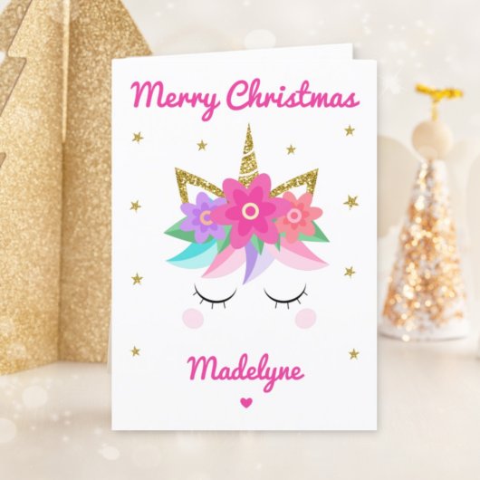 Unicorn Pink Flowers Kerstmis Gepersonaliseerde Na Feestdagen Kaart