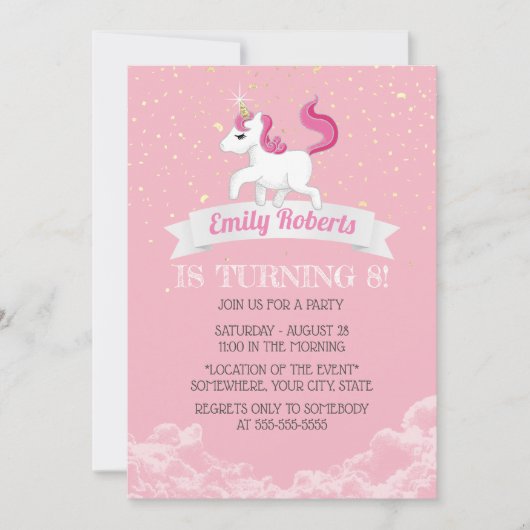 Unicorn Pink Girl Birthday Party Kaart (Voorkant)