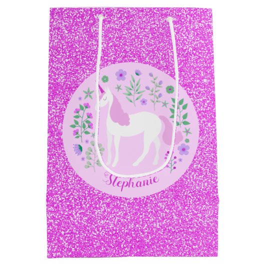 Unicorn Pink Glitter Persoonlijke naam Medium Cadeauzakje (Achterkant)