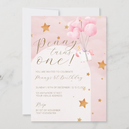 Unicorn Pink Kids 1er Anniversaire Fête Invitation (Devant)