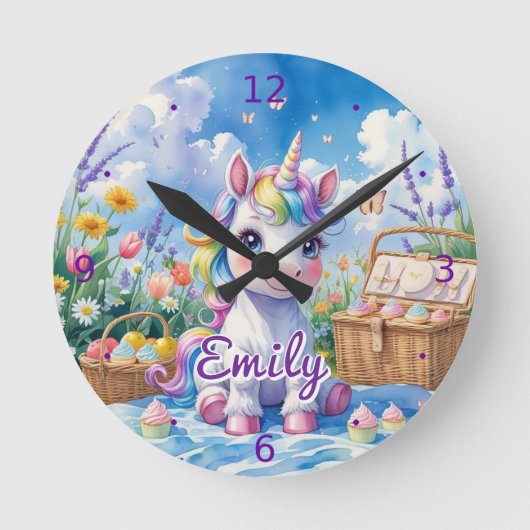 Unicorn Pique-nique Mur Horloge - Nom modifiable (Recto)