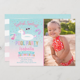 Unicorn Pool Birthday Invitation Pink Gold Kaart