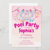 Unicorn Pool Party 6e anniversaire Invitation | Ro (Devant / Derrière)