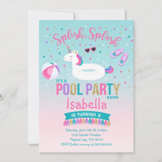 Unicorn Pool Party Anniversaire Invitation Pink Go (Devant)