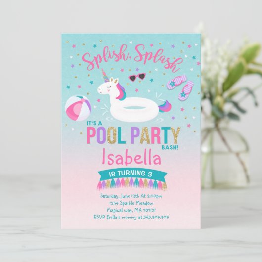Unicorn Pool Party Anniversaire Invitation Pink Go (Debout devant)