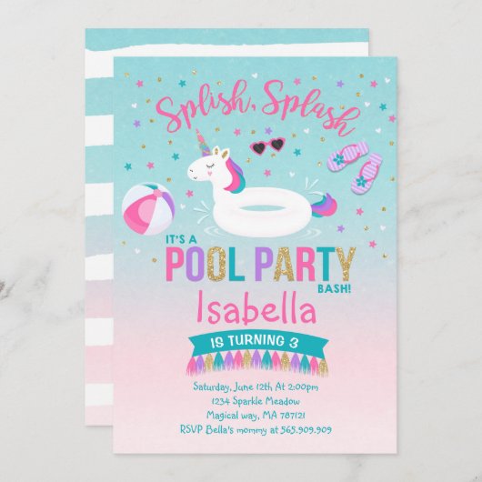 Unicorn Pool Party Anniversaire Invitation Pink Go (Devant / Derrière)