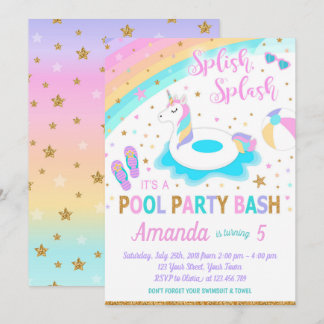 Unicorn Pool Party Anniversaire Invitation Rose &