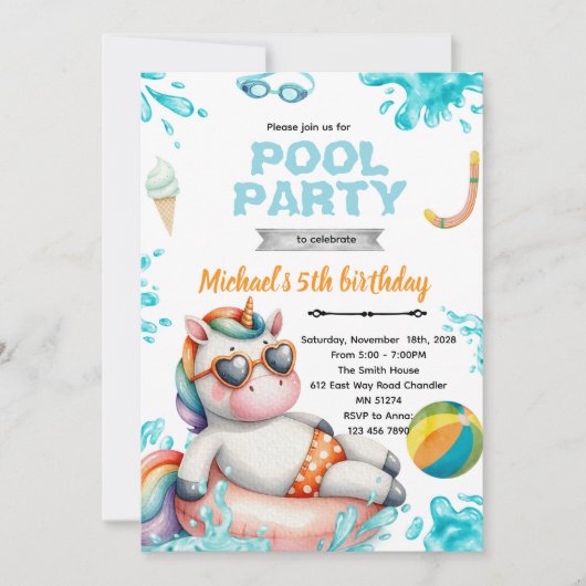 Unicorn Pool Party Birthday Invitation (Devant)