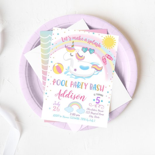 Unicorn Pool Party Birthday Invitation Kaart