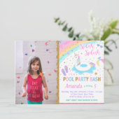 Unicorn Pool Party Photo Invitation Pink & Gold (Debout devant)