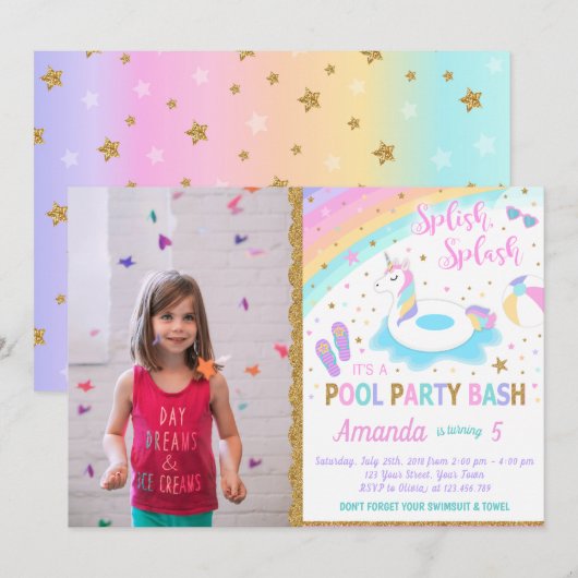 Unicorn Pool Party Photo Invitation Pink & Gold (Devant / Derrière)