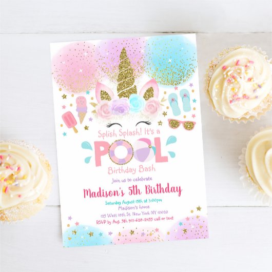 Unicorn Pool Party Pink Gold Birthday Uitnodiging