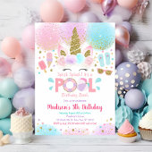 Unicorn Pool Party Pink Gold Birthday Uitnodiging