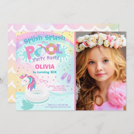 Unicorn Pool Pool Invitation Pool Anniversaire (Devant / Derrière)