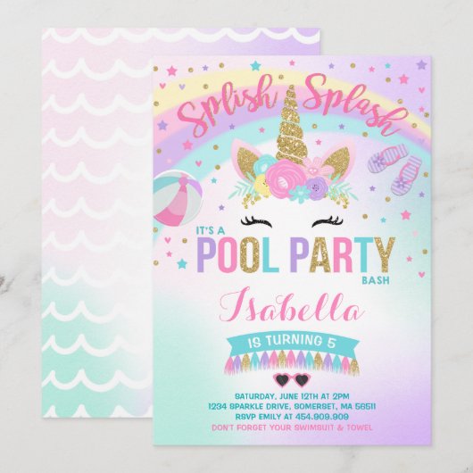 Unicorn Pool Pool Invitation Pool Anniversaire (Devant / Derrière)