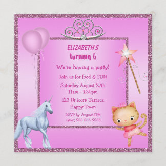 Unicorn, Princess Kat, Tiara & Glitter Invites Kaart
