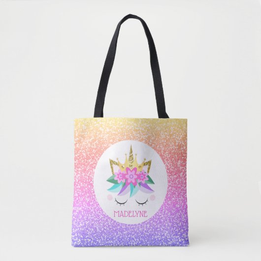 Unicorn Princess Rainbow Glitter Persoonlijke naam Draagtas (Voorkant)