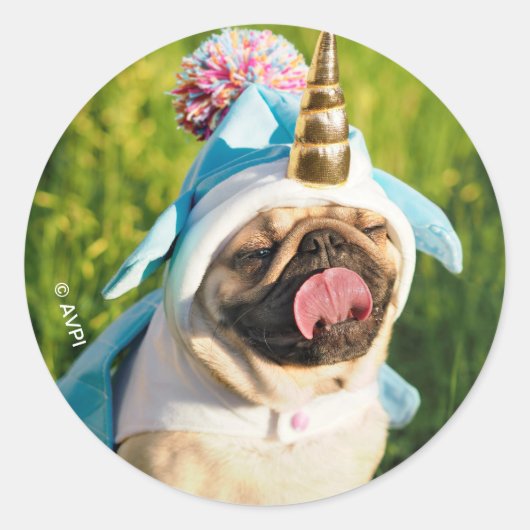 Unicorn Pug Ronde Sticker (Voorkant)