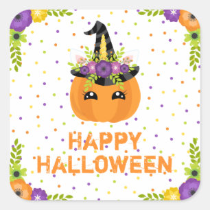 Unicorn Pumpkin Happy Halloween White Square Vierkante Sticker