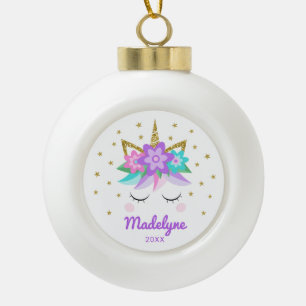 Unicorn Purple Flowers Stars Persoonlijke naam Keramische Bal Ornament