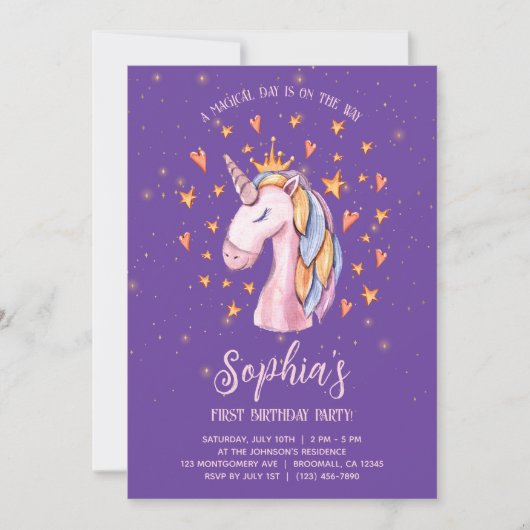 Unicorn Purple mignon Invitation Anniversaire (Devant)