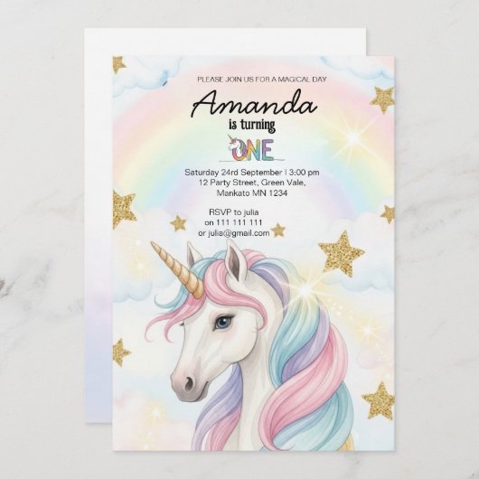Unicorn Rainbow 1st Birthday Party Invitation (Devant / Derrière)