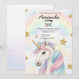 Unicorn Rainbow 1st Birthday Party Invitation Kaart