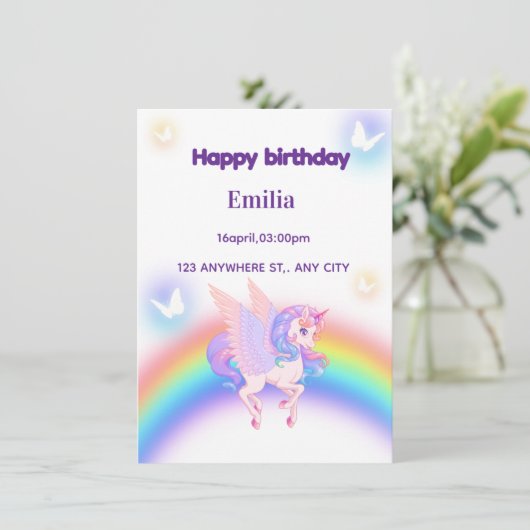 Unicorn Rainbow Birthday Invitation  (Debout devant)
