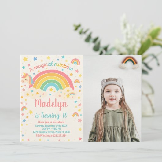 Unicorn Rainbow Birthday Uitnodiging (Staand voorkant)