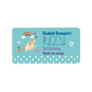 Unicorn Rainbow Clouds and Flowers Birthday Bedank Etiket