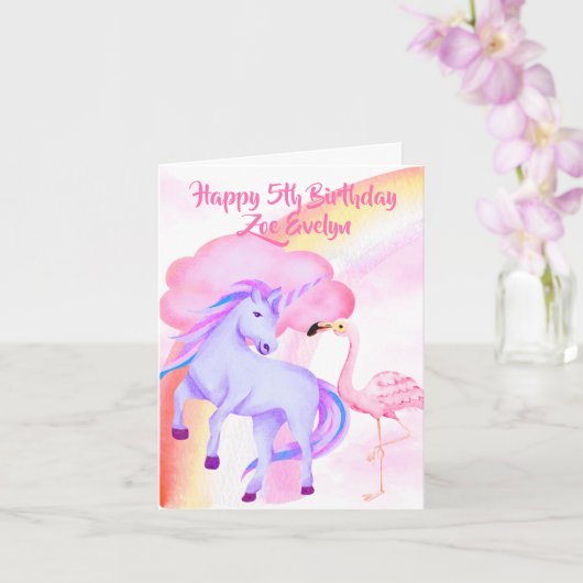 Unicorn Rainbow Flamingo Girls 5th Birthday Kaart (Orchidee)