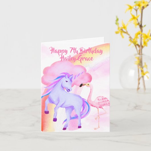 Unicorn Rainbow Flamingo Girls 7e verjaardag Kaart (Gele Bloem)