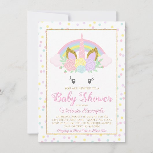 Unicorn Rainbow Girl Baby Shower Invitations (Devant)