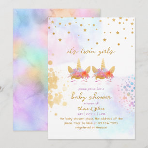 Unicorn Rainbow Gold Glitter Twin Girl Baby shower Kaart