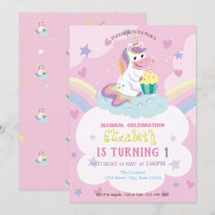 Unicorn Rainbow Hearts Stars Birthday Kaart