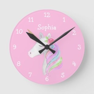 Unicorn Rainbow Personalized Girl Name Pastel Ronde Klok