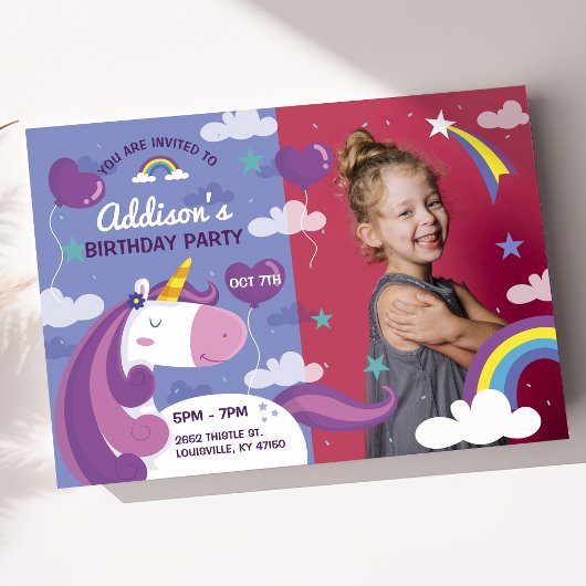 Unicorn Rainbow Photo Anniversaire Fête Invitation