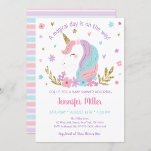 Unicorn Rainbow Pink Gold Floral Baby shower Kaart
