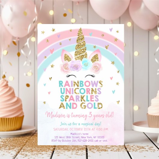 Unicorn Rainbow Pink Gold Sparthday Kaart