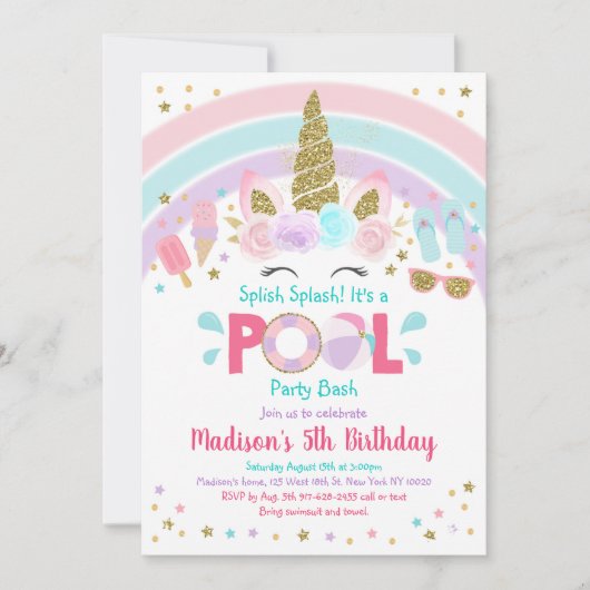 Unicorn Rainbow Pool Birthday Kaart (Voorkant)