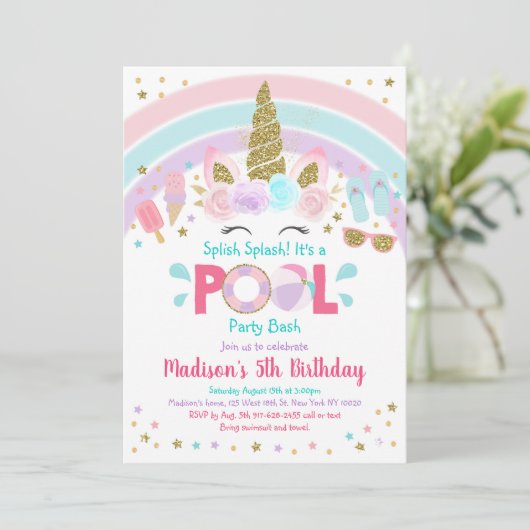 Unicorn Rainbow Pool Birthday Kaart (Staand voorkant)