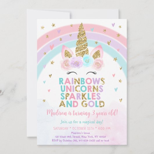 Unicorn Rainbow Sparkles Gold Birthday Kaart (Voorkant)