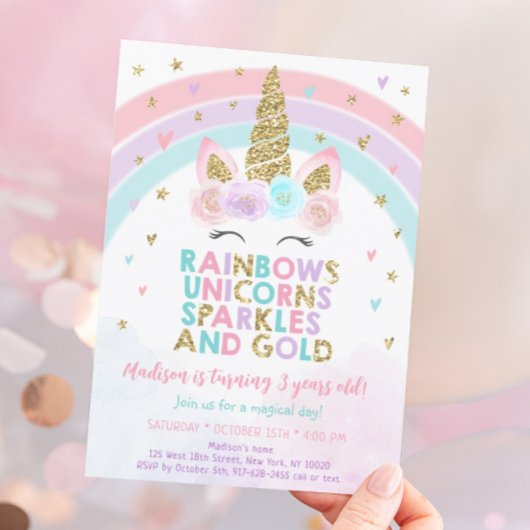 Unicorn Rainbow Sparkles Gold Birthday Kaart