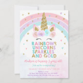 Unicorn Rainbow Sparkles Gold Birthday Kaart (Voorkant)