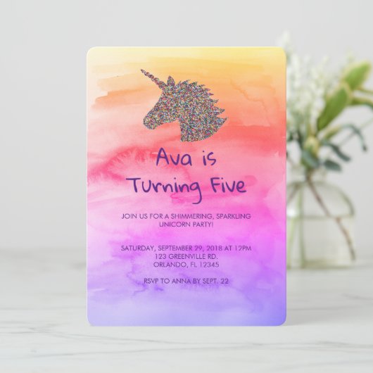 Unicorn Rainbow Sprinkles Birthday Uitnodiging (Staand voorkant)