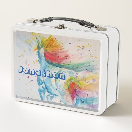 Unicorn Rainbow Waterverf Chids Name Lunch Box (Voorkant)